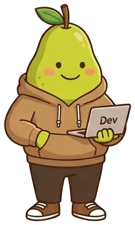 ふなデブくんの全身正面。ベージュのパーカーにこげ茶のパンツとスニーカー。「Dev」ステッカーのラップトップを持っている