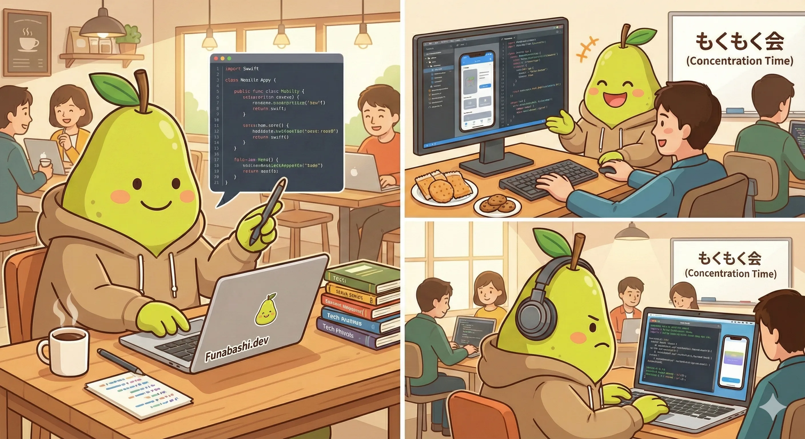 活動のイメージイラスト3枚: カフェでコードを見せながら話すふなデブくん、ペアプログラミング中のふなデブくんとメンバー、ヘッドホンをして集中するもくもく会のようす